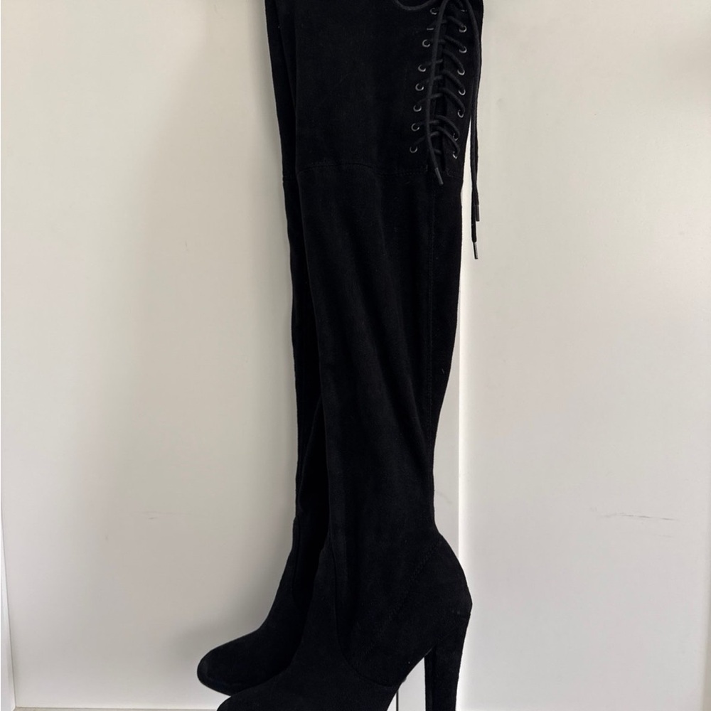 Over-the-Knee Black Lace-Up Stiletto Boots